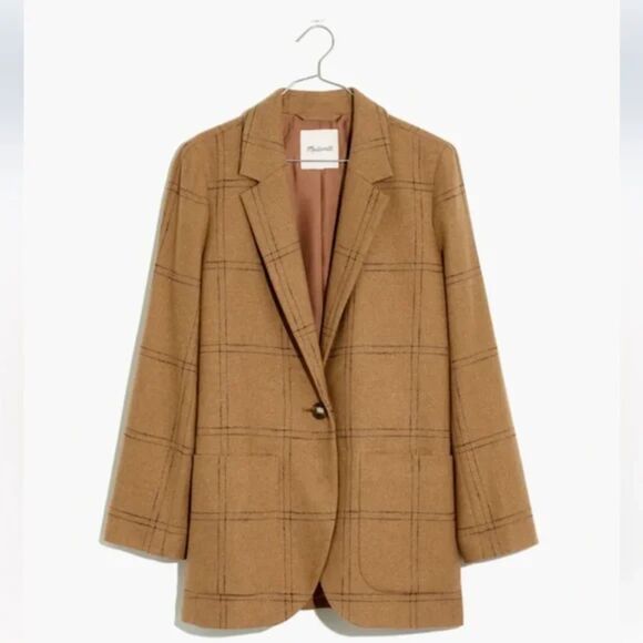 Madewell Larsen Wool Windowpane Blazer Women's 2X Camel Tan Office Academia EUC - Picture 2 of 10